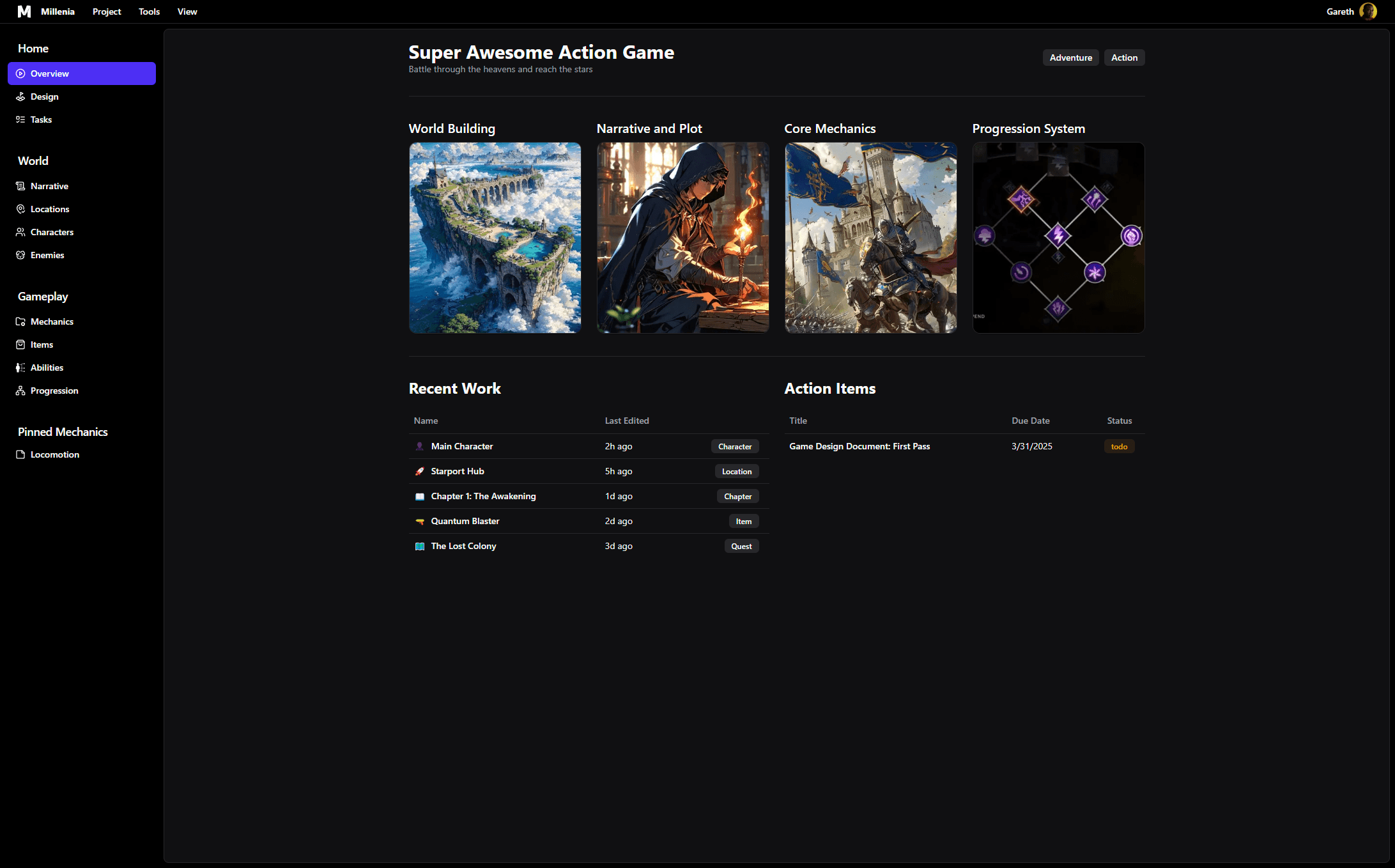 Millenia Game Design Dashboard